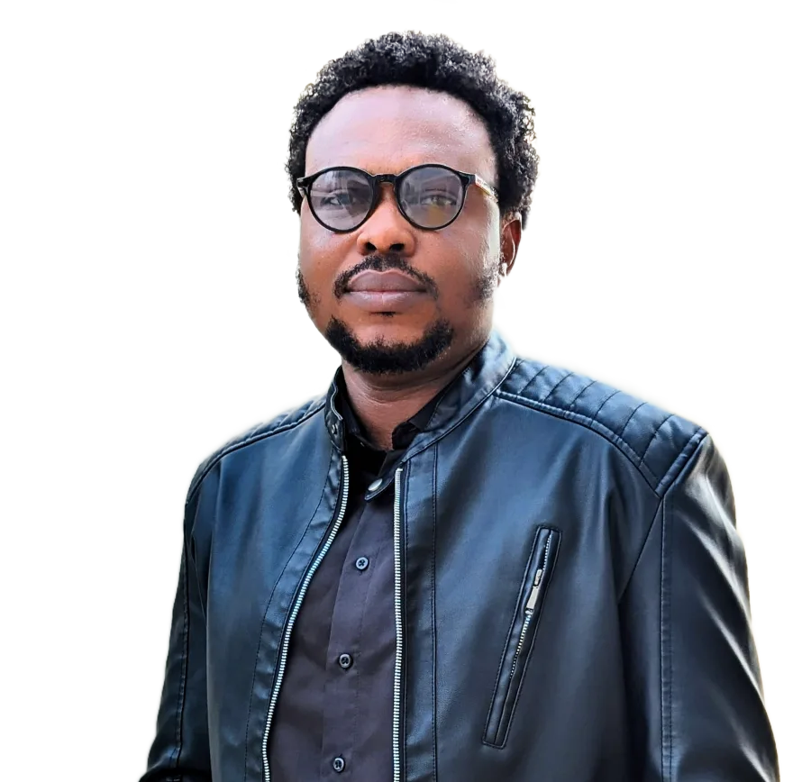 Chinomso Onu, wearing glasses and a black leather jacket