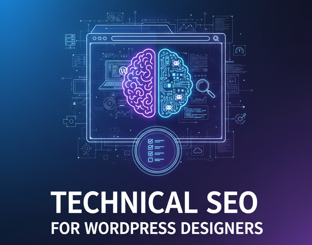 Technical SEO for WordPress designers: illustration of a brain, browser window and SEO checklist