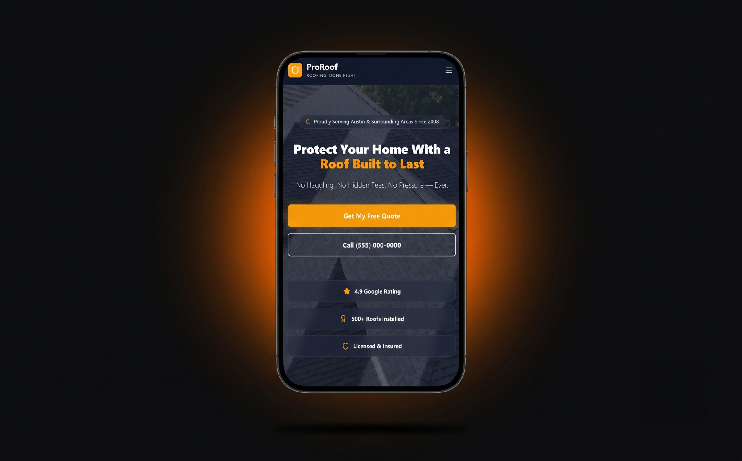 ProRoof homepage on mobile