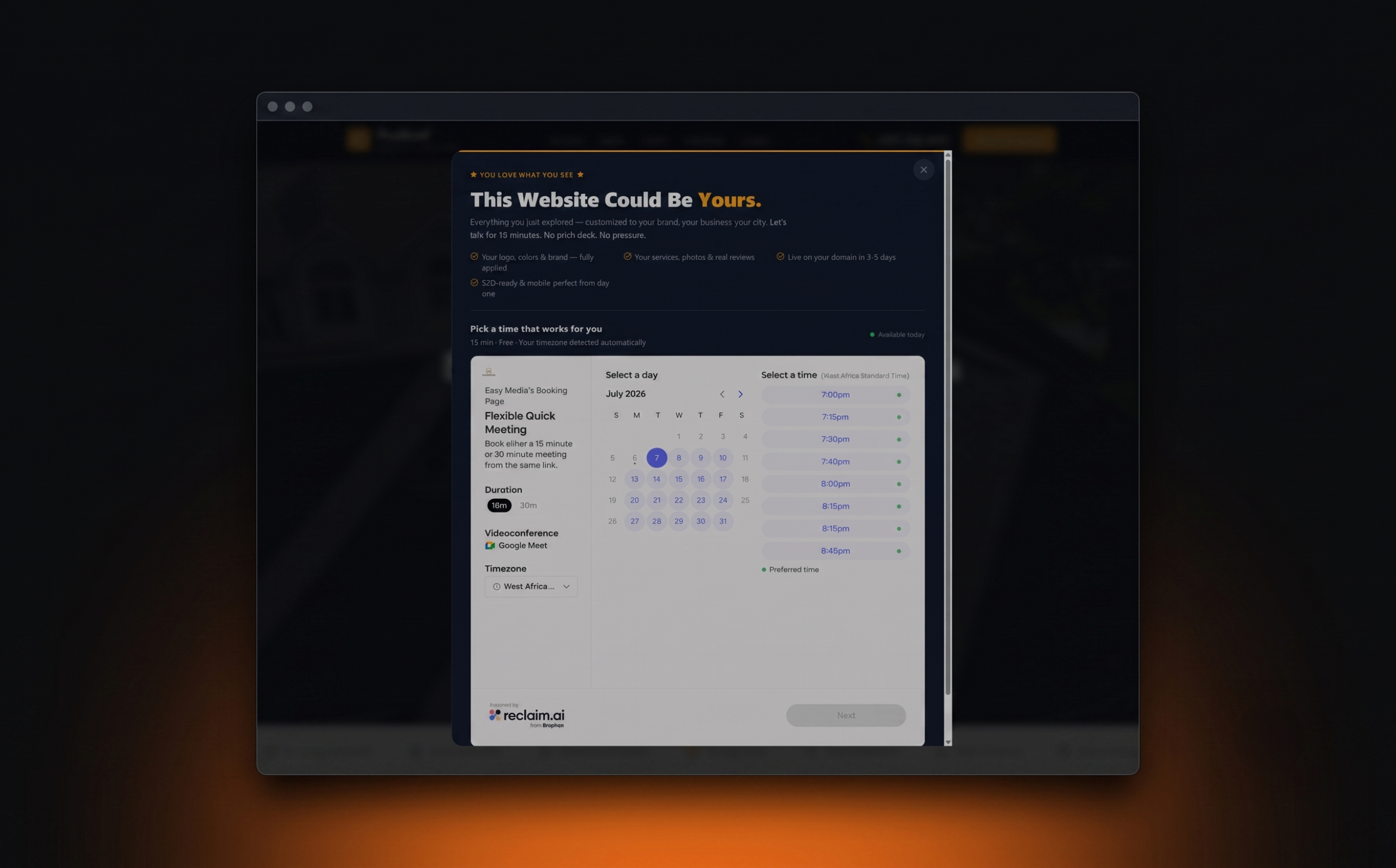 ProRoof booking modal with a calendar for scheduling an estimate