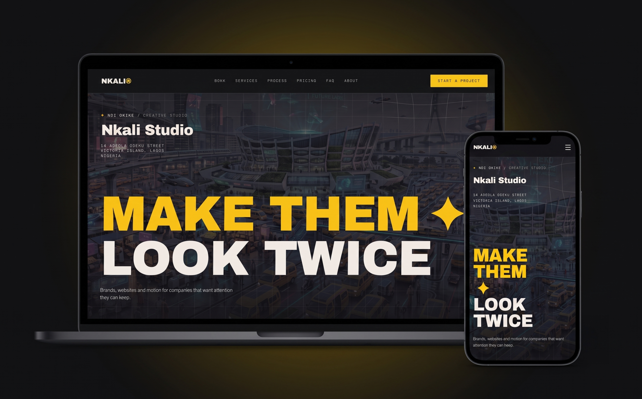 NKALI Studio site on laptop and mobile: Make them look twice