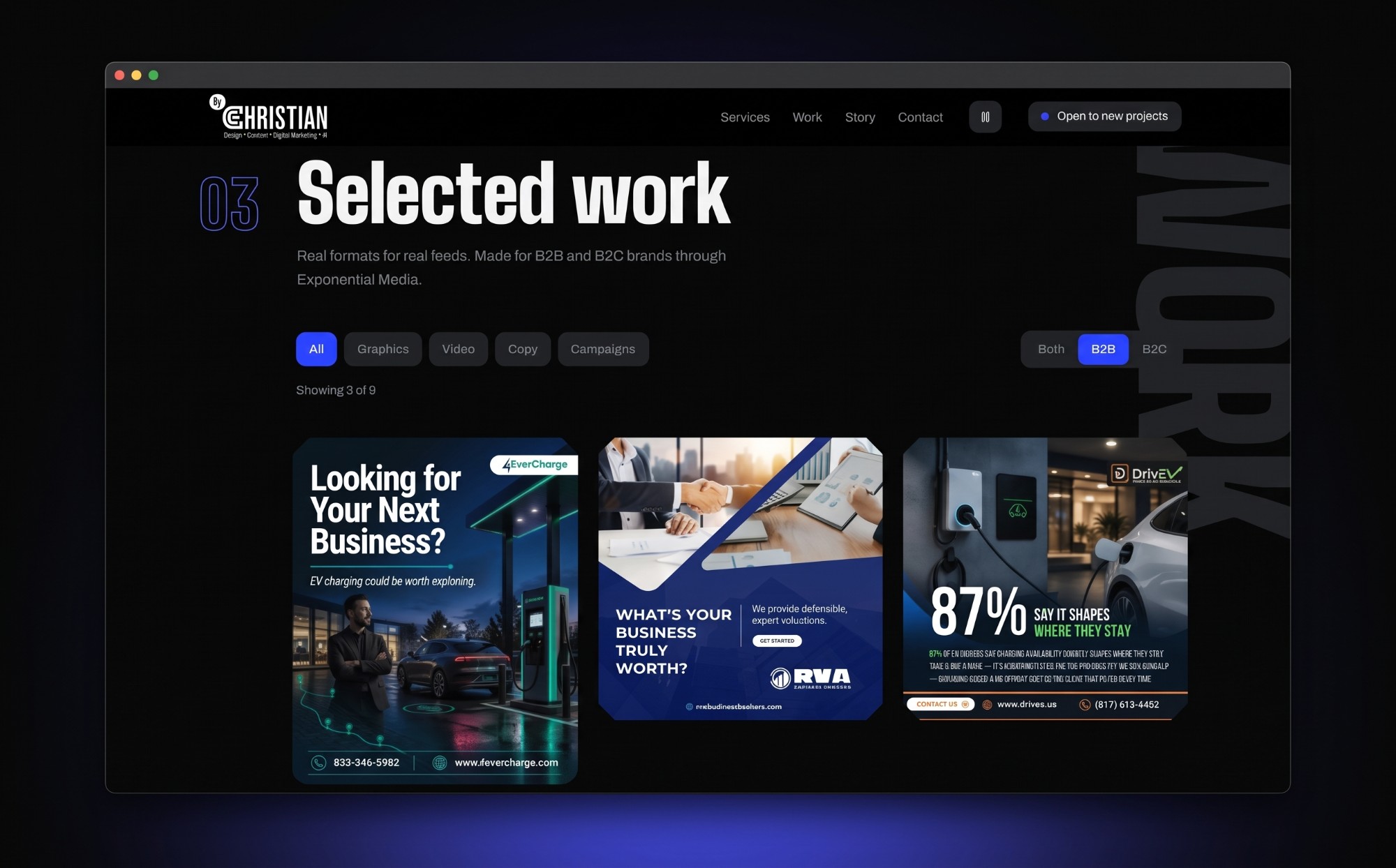 By Christian Selected Work grid with format and B2B or B2C filters