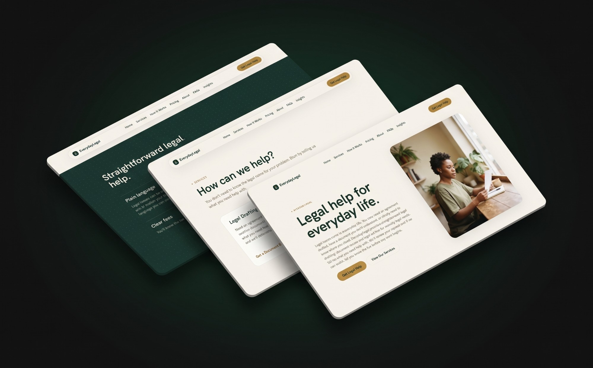 EverydayLegal pages: home, services and values sections