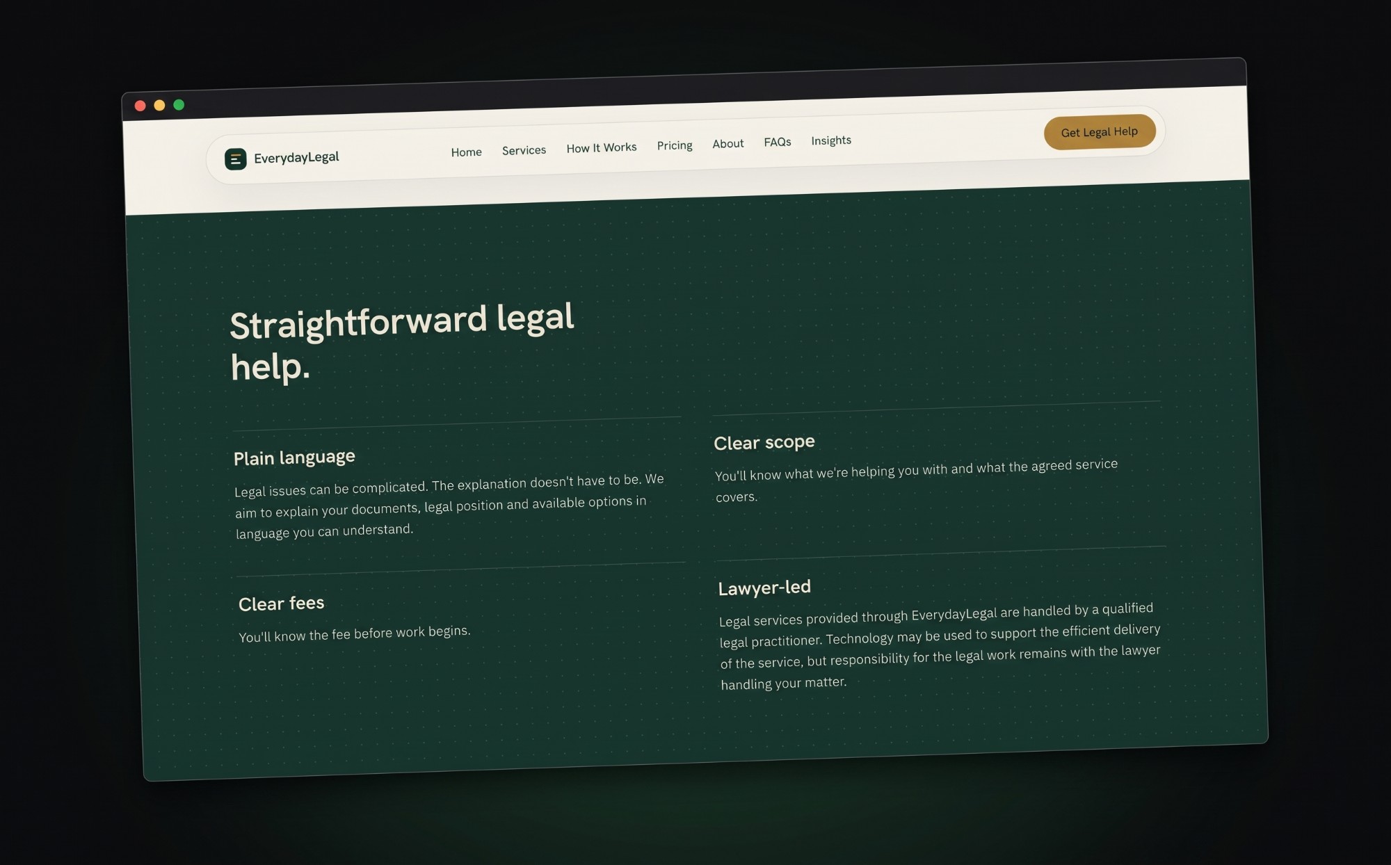 EverydayLegal values section: plain language, clear scope, clear fees, lawyer-led