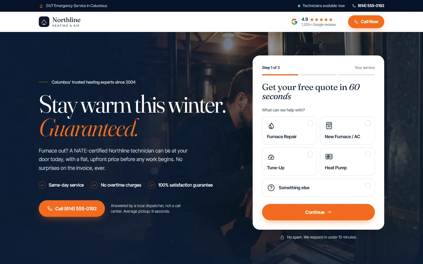 Northline HVAC landing page theme: hero with headline, call button and multi-step quote form